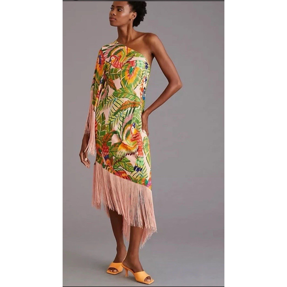 FARM Rio One-Shoulder Pink Tropical Parrot Fringe Midi Dress S Vacation Cruise - Picture 4 of 12